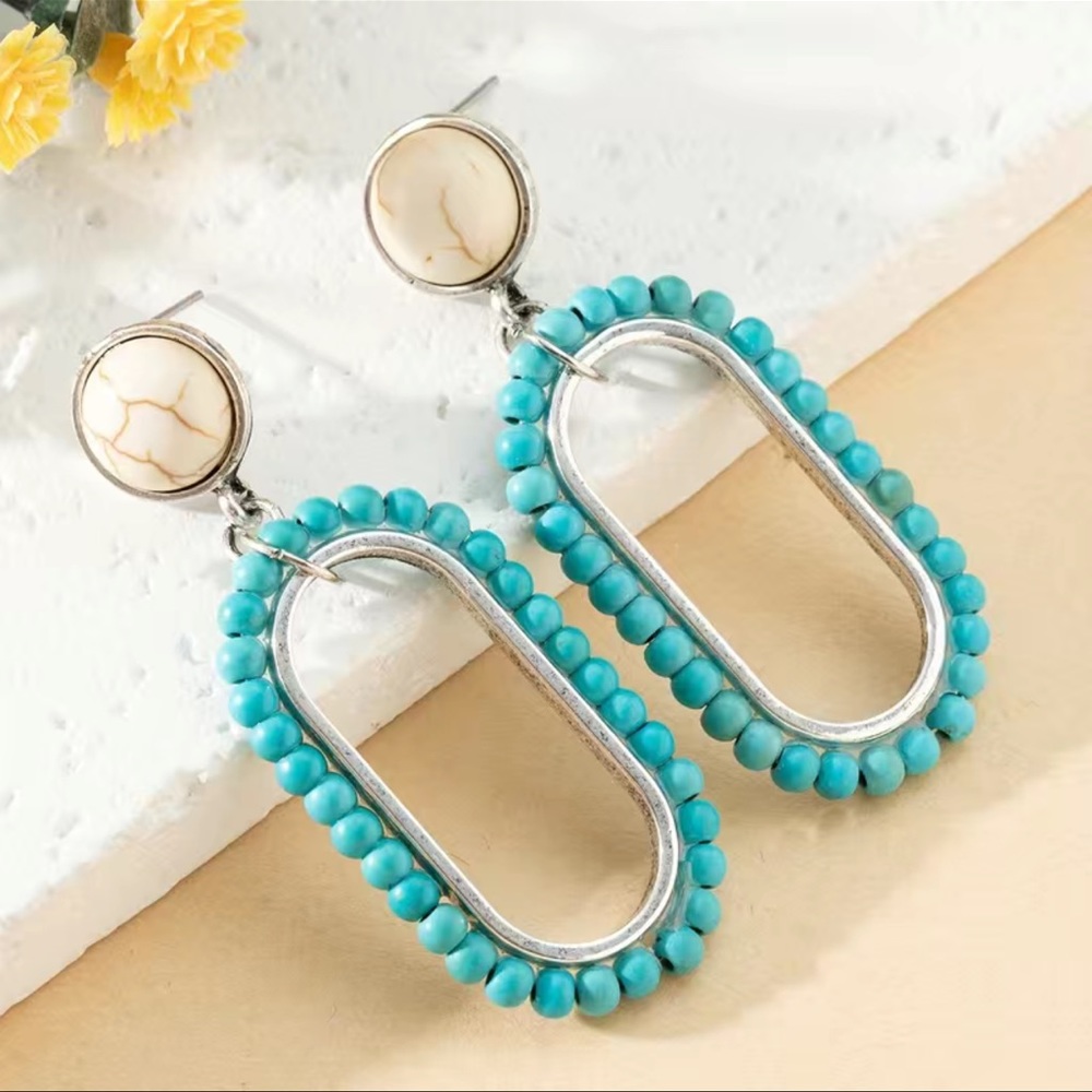 Beaded Turquoise Design Hollow Drop Dangle Earrings NEW